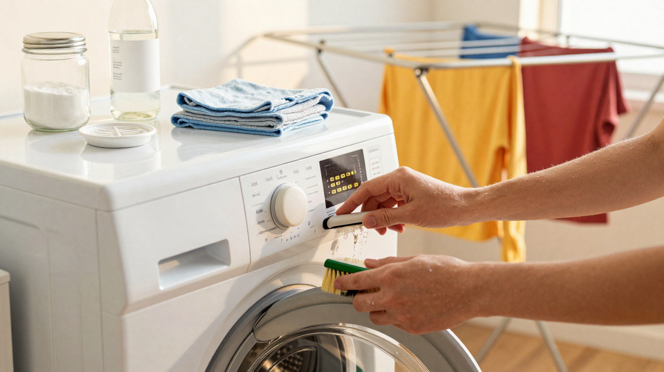 Person cleaning washing machine knob with a brush, laundry rack with colourful clothes drying in the background.