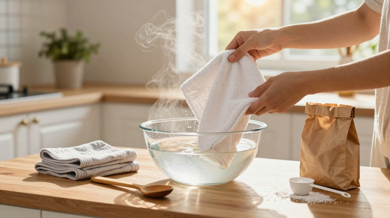 Person dipping a white towel into a steaming glass bowl on a wooden kitchen countertop.