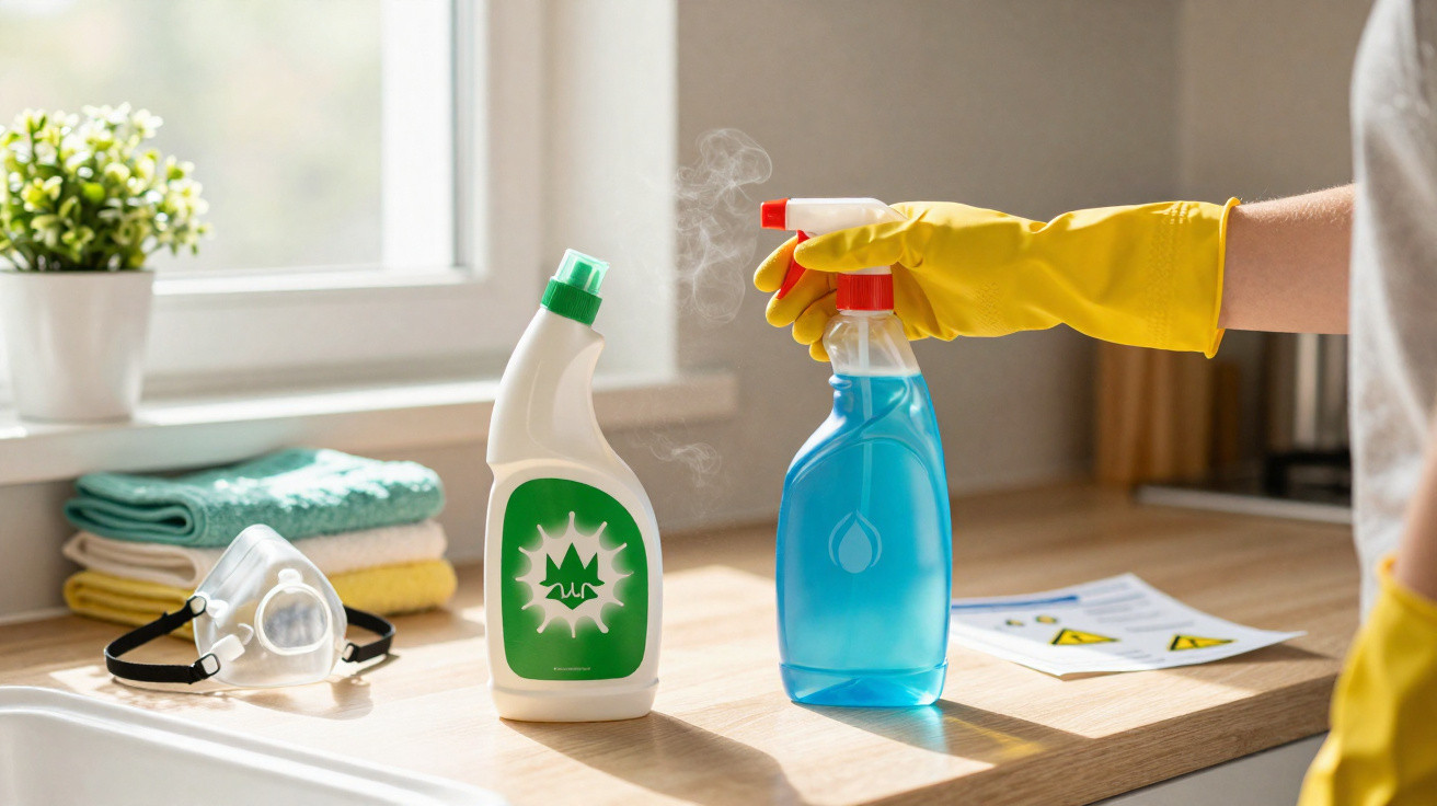 Hand in yellow glove spraying blue cleaner with white and green detergent on wooden kitchen countertop near window.