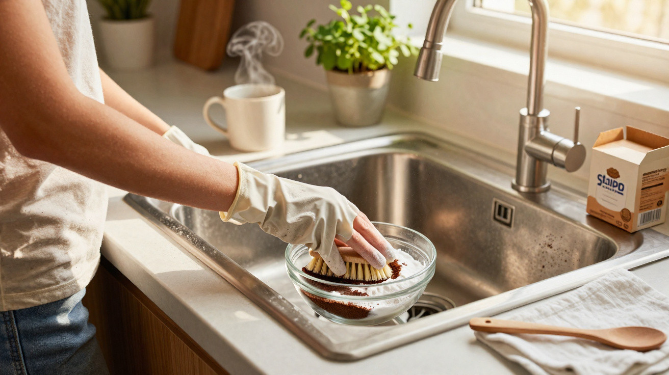 Person wearing rubber gloves scrubbing a glass bowl in a kitchen sink with sunlight coming through the window.