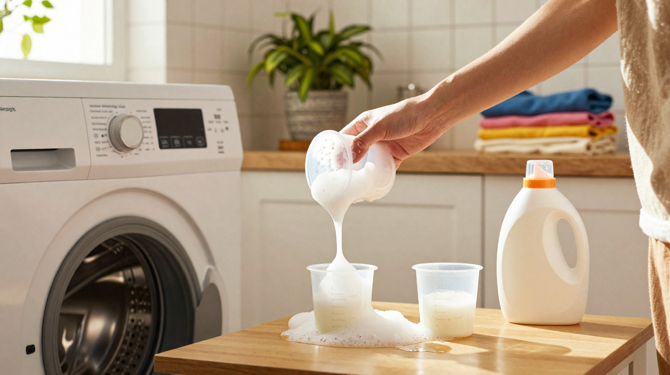 Hand pouring foamy laundry detergent from cup into measuring cup on kitchen counter near washing machine.