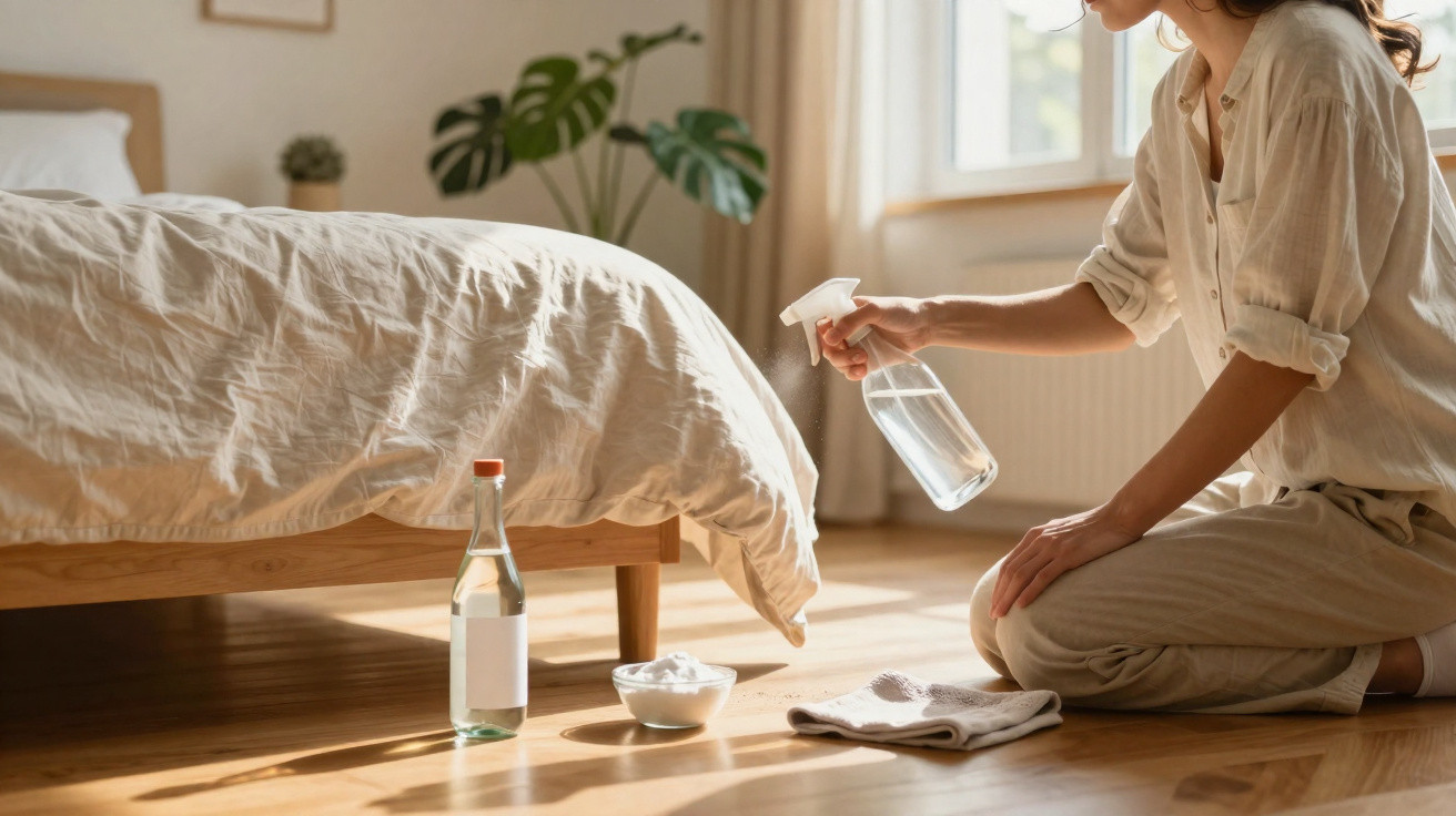Person kneeling on the floor spraying a solution near a bed in a sunlit bedroom with cleaning supplies nearby.