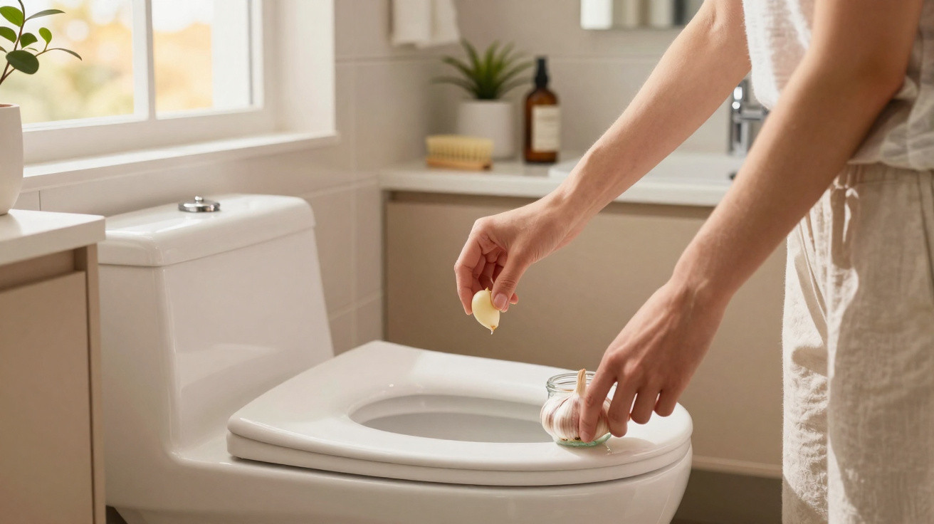 Person dropping a garlic clove into a toilet bowl in a modern bathroom with natural light.