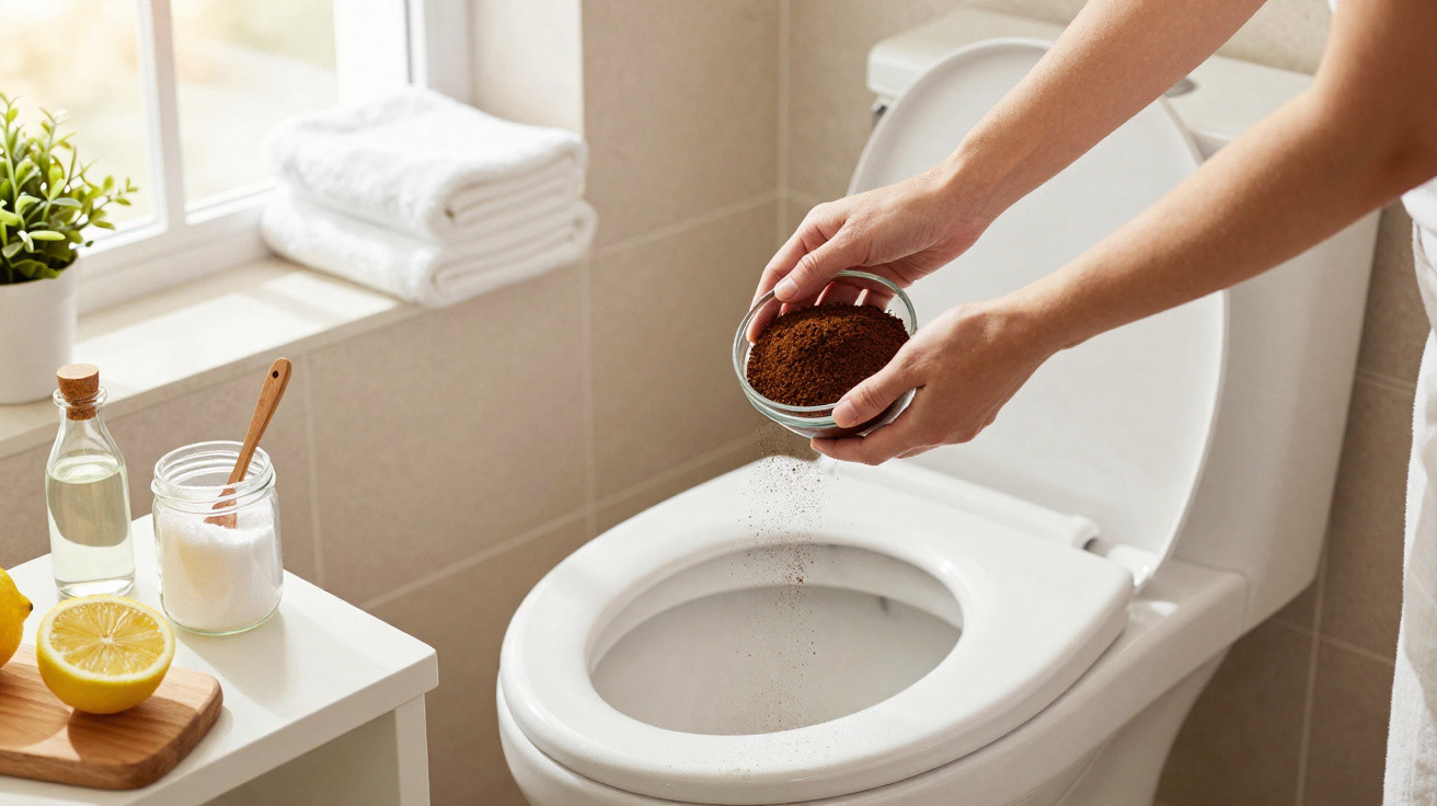 Person sprinkling coffee grounds into a clean white toilet bowl in a bright bathroom.