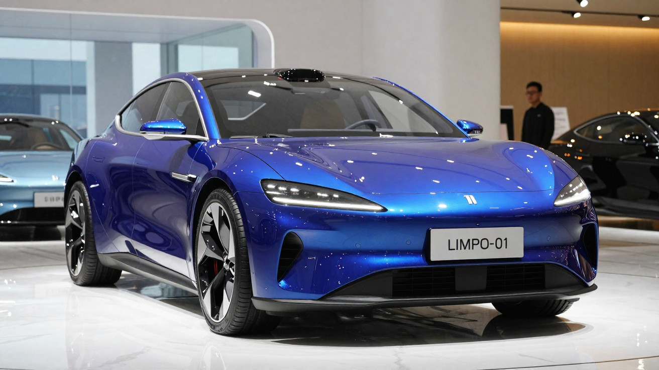 Blue Limpo-01 electric sports car displayed indoors with sleek aerodynamic design.