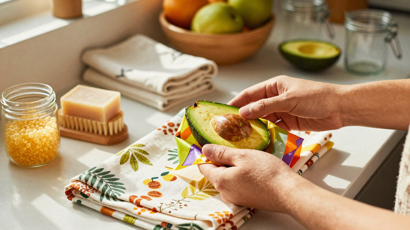 Hands wrapping a halved avocado in colorful beeswax food wrap on a kitchen counter with fruit and soap nearby.