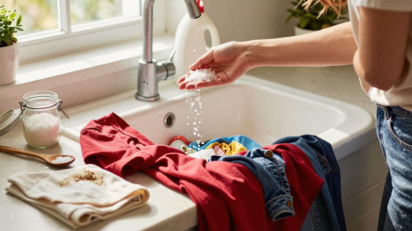 Person sprinkling salt on stained clothes laid out beside a kitchen sink in daylight.