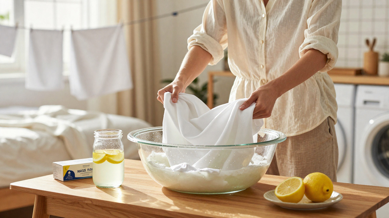Person hand washing white clothes in a glass bowl with lemons and soap on a wooden table indoors.