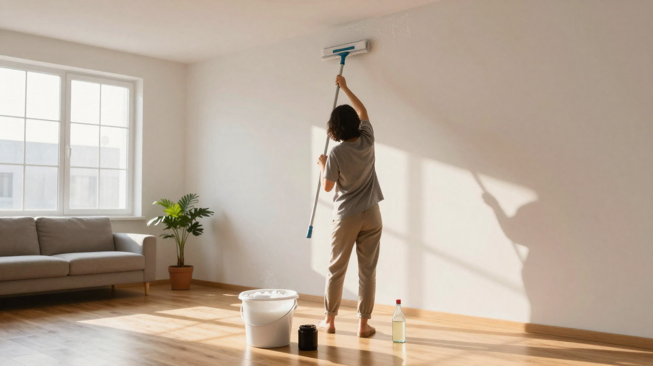 Person cleaning a white wall with a mop in a sunlit room with wooden floor and sofa.