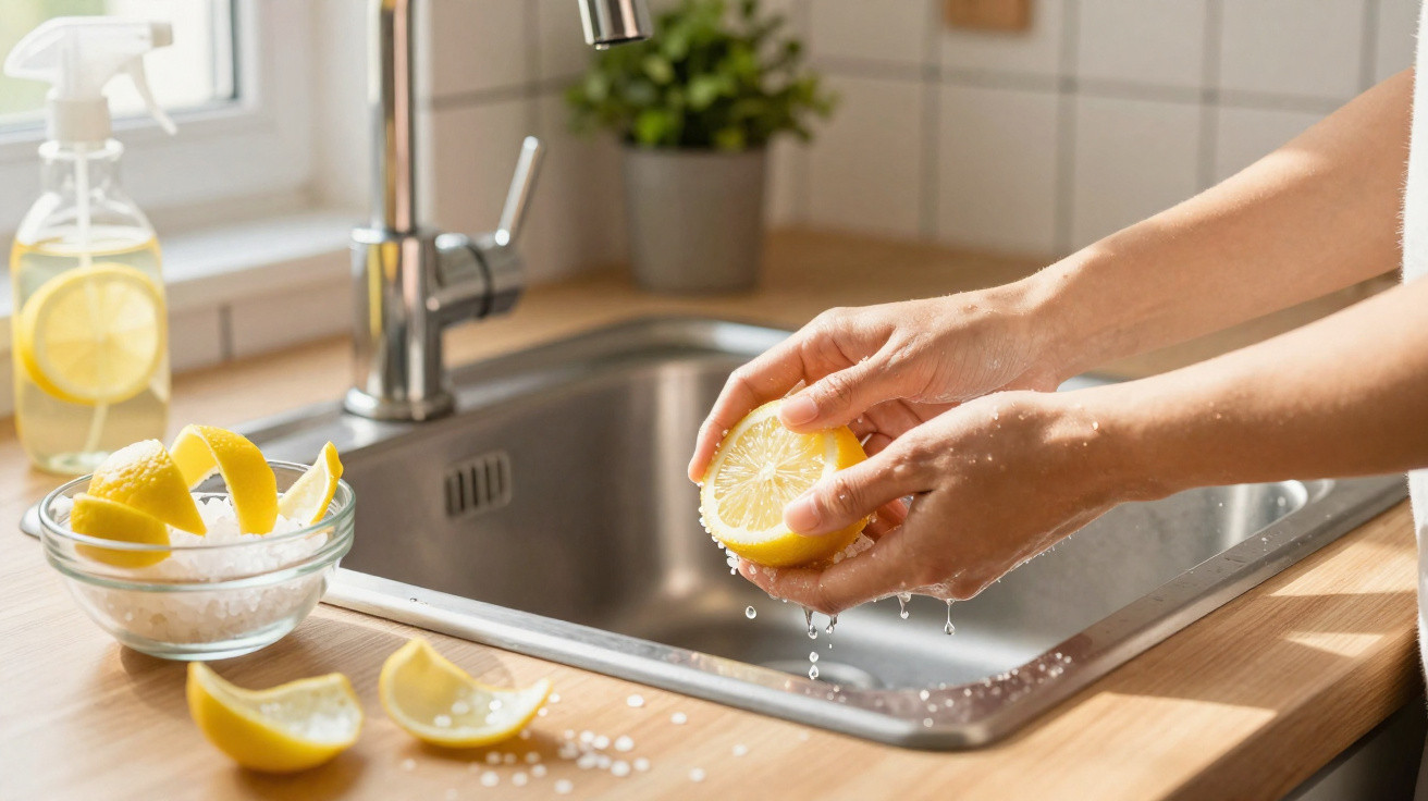 Hands squeezing lemon over a kitchen sink with lemon wedges and salt on the counter nearby