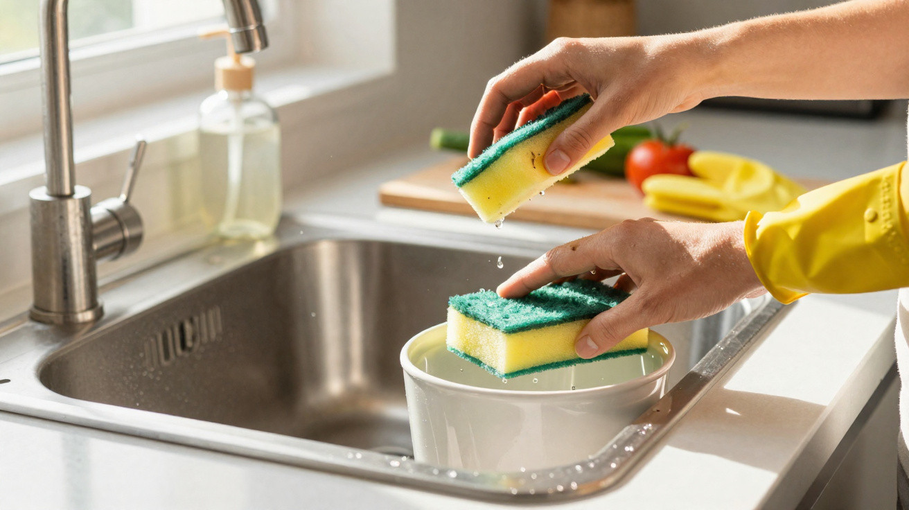 Person wearing yellow gloves wringing water from a kitchen sponge over a white bucket by the sink.