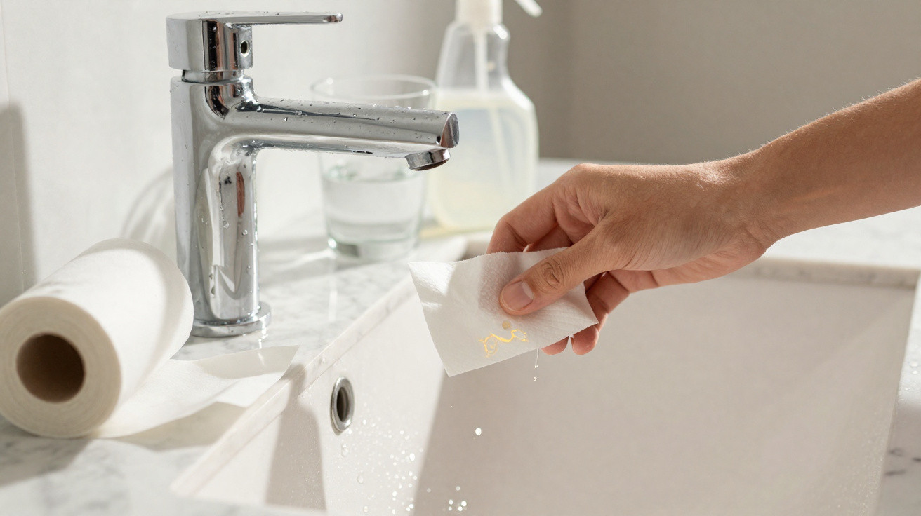 Hand holding a wet paper towel over a white sink with a chrome faucet and toiletries in the background.