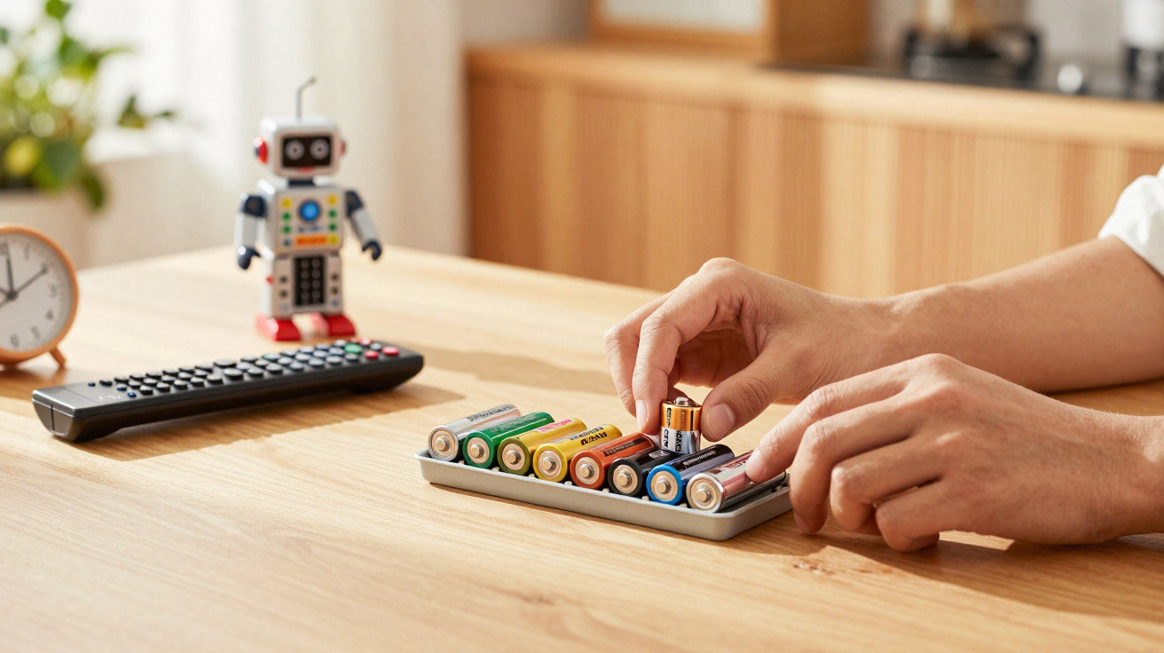 Hands sorting a variety of batteries on a wooden table with a robot toy and remote control in the background.