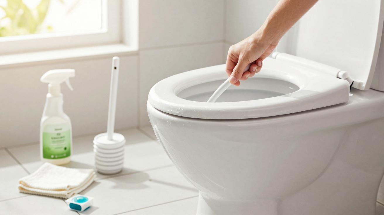 Hand cleaning the rim of a white toilet with a brush in a bright, clean bathroom.