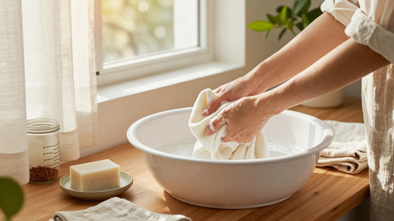 Person handwashing a white cloth in a white basin on a wooden countertop near a window with natural light.
