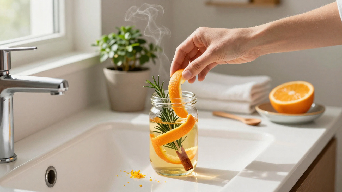 Hand placing orange peel into steaming jar with herbs and cinnamon on a kitchen sink countertop.