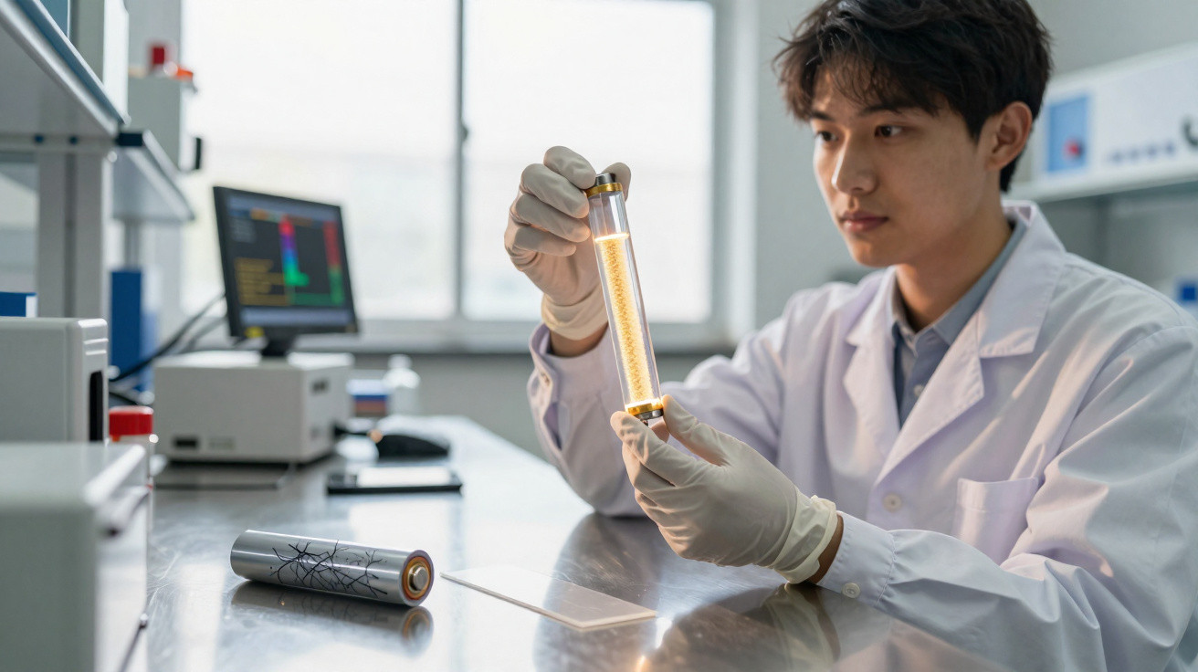 Scientist in lab coat and gloves examining a glowing cylindrical battery in a laboratory.