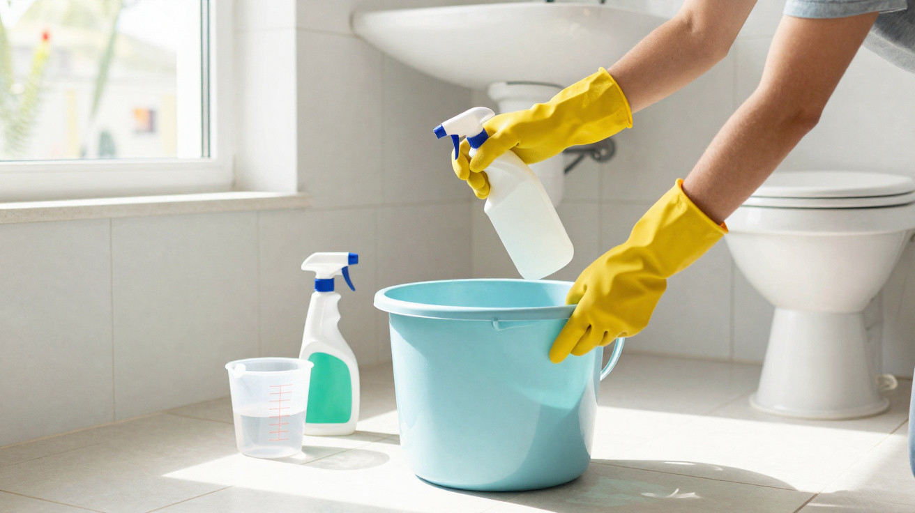 Person wearing yellow gloves pouring liquid from a spray bottle into a blue bucket in a bathroom.