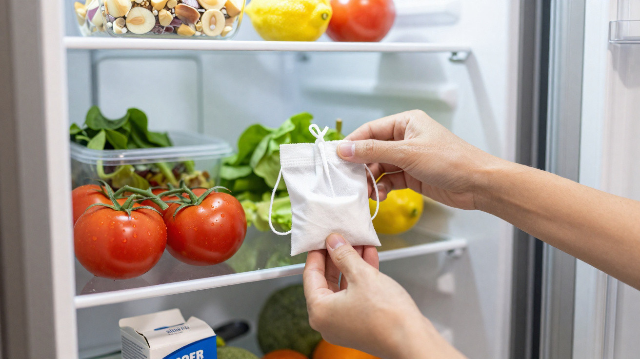 Hands placing a small white pouch inside a fridge with tomatoes, lettuce, lemons, and other fresh produce.