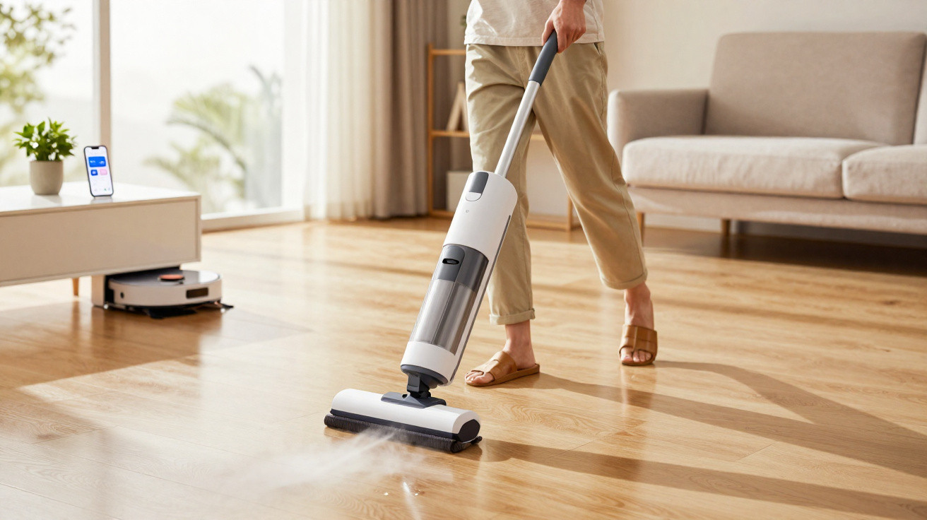 Person vacuuming a wooden floor steam cleaner in a bright living room with a sofa and coffee table.