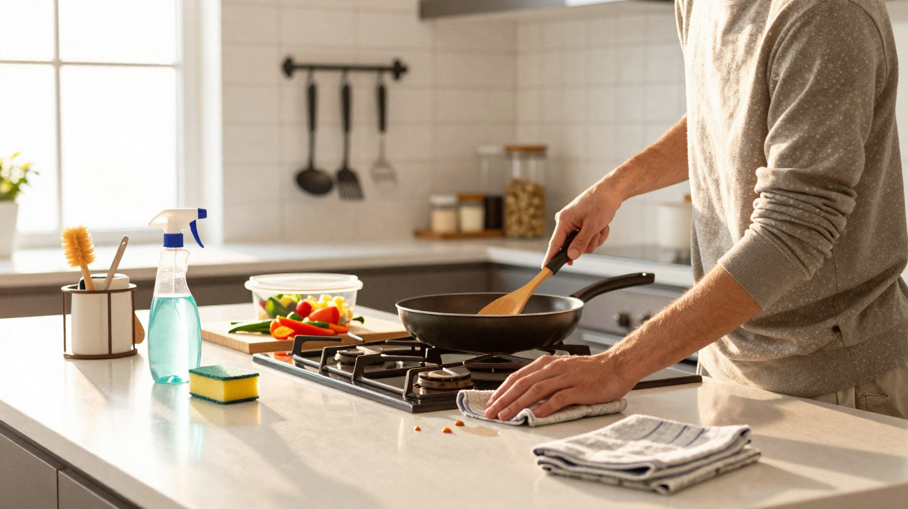 Person cooking on a stove with a wooden spatula in a bright modern kitchen with cleaning supplies nearby