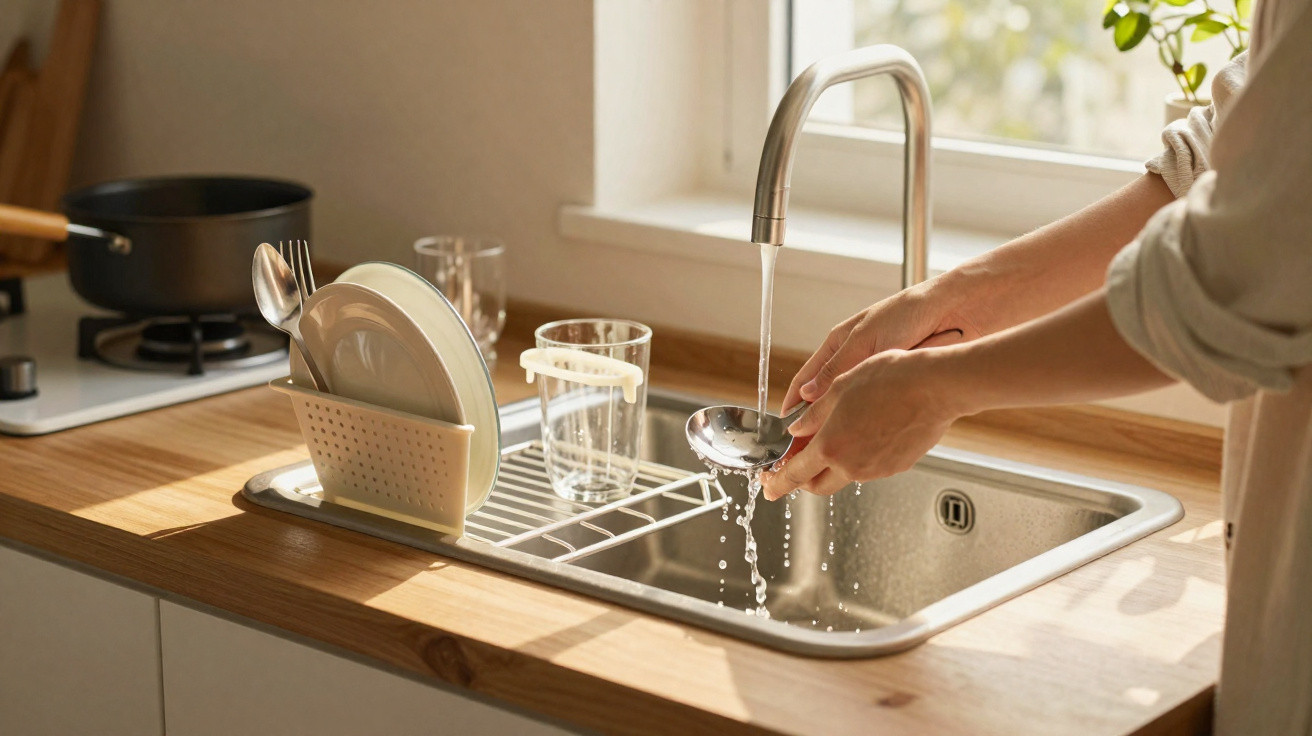 Person washing a ladle under running water in a kitchen sink with dishes drying on the rack.