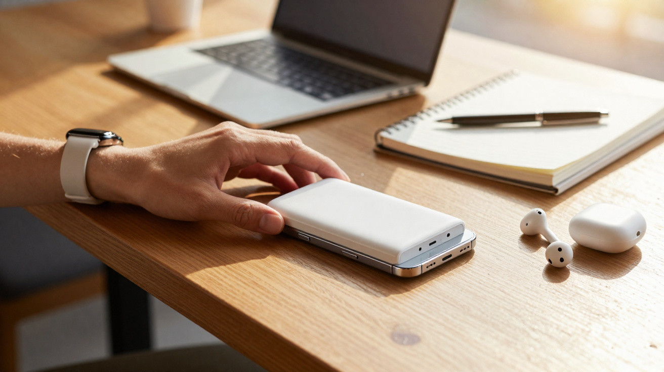 Person placing a power bank on a smartphone on a wooden desk with laptop, notebook, pen, and wireless earbuds nearby.