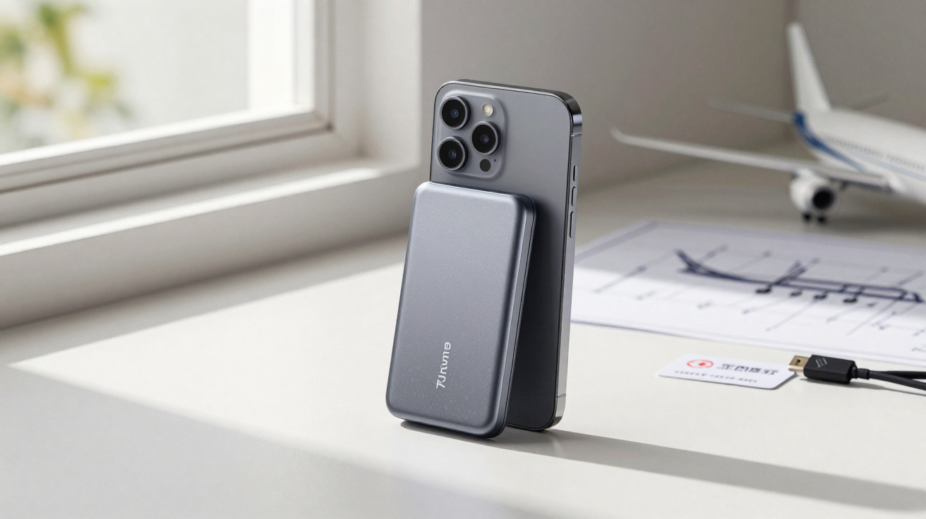 A smartphone with a wireless charger attached, placed on a desk near a window with a model airplane and papers.