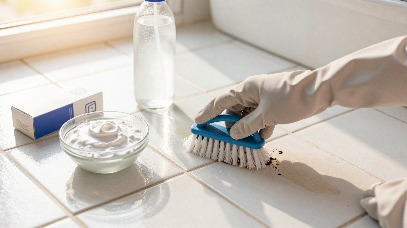 Hand with rubber glove scrubbing dirt off white tiled surface with brush beside cleaning supplies in sunlight.