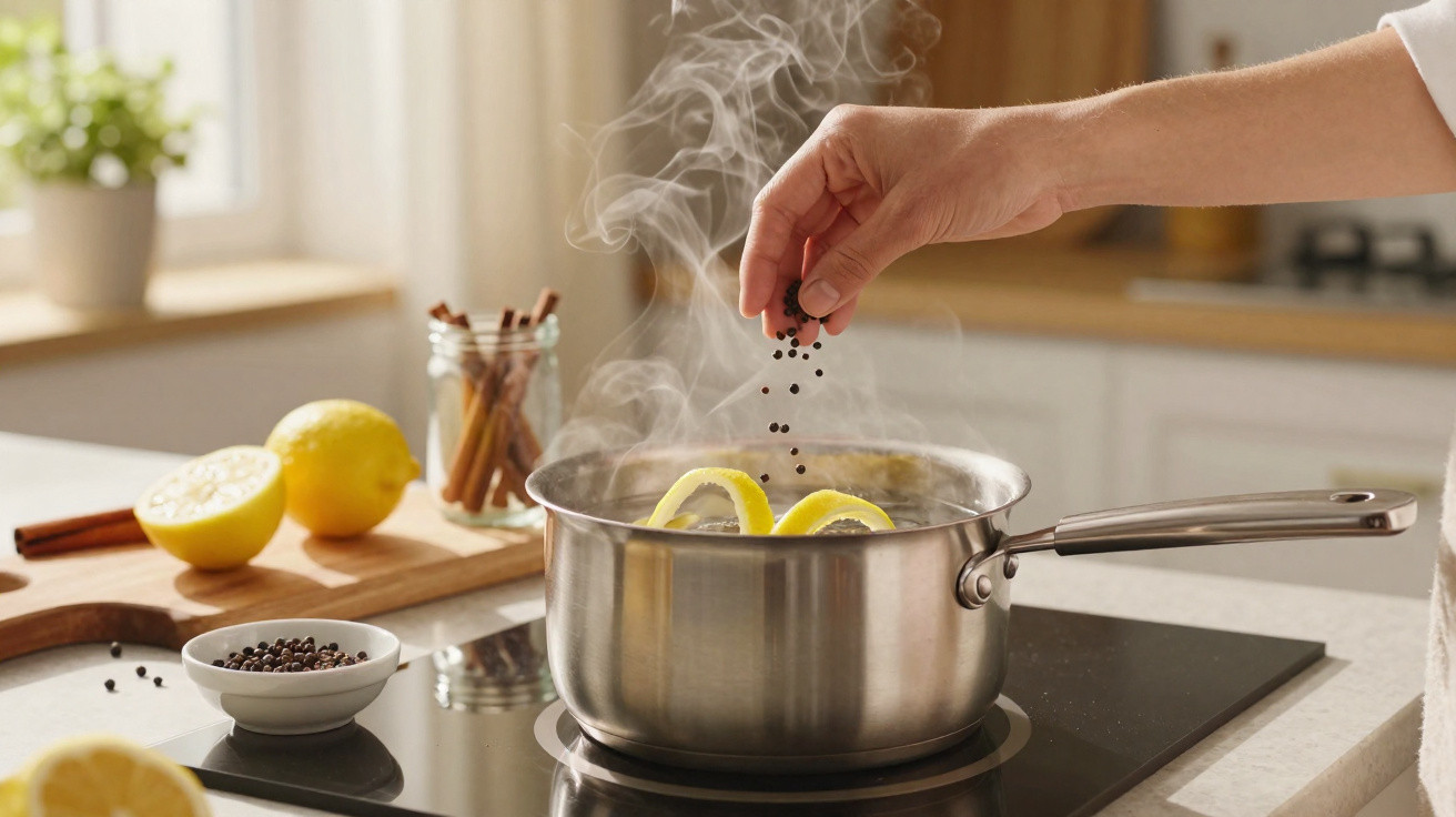 Hand sprinkling pepper into a steaming pot with lemon slices on a modern kitchen stove.