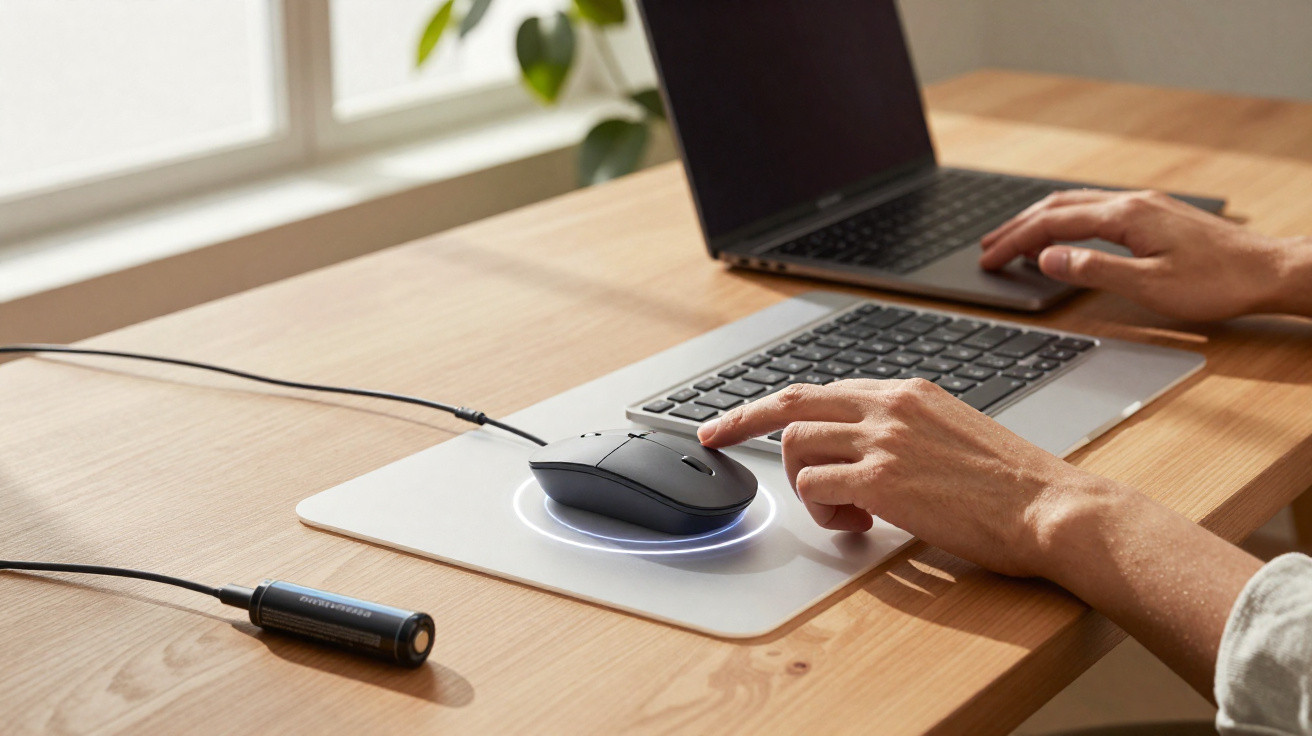 Person using a wired computer mouse on a mouse pad beside an open laptop on a wooden desk.