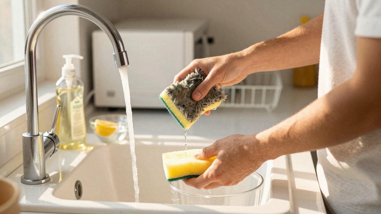 Person squeezing water from a dish sponge over a kitchen sink with a running tap in daylight.