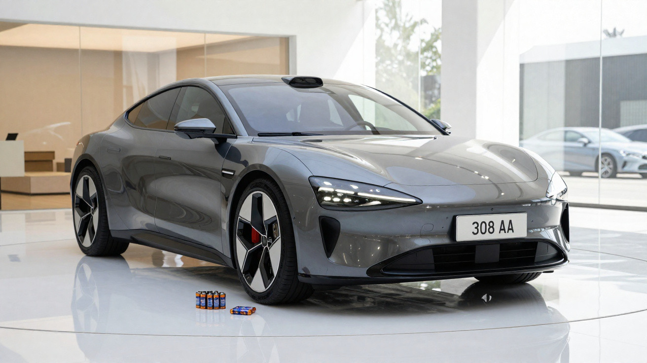 Sleek grey electric car with modern design displayed indoors on a white shiny floor next to small batteries.