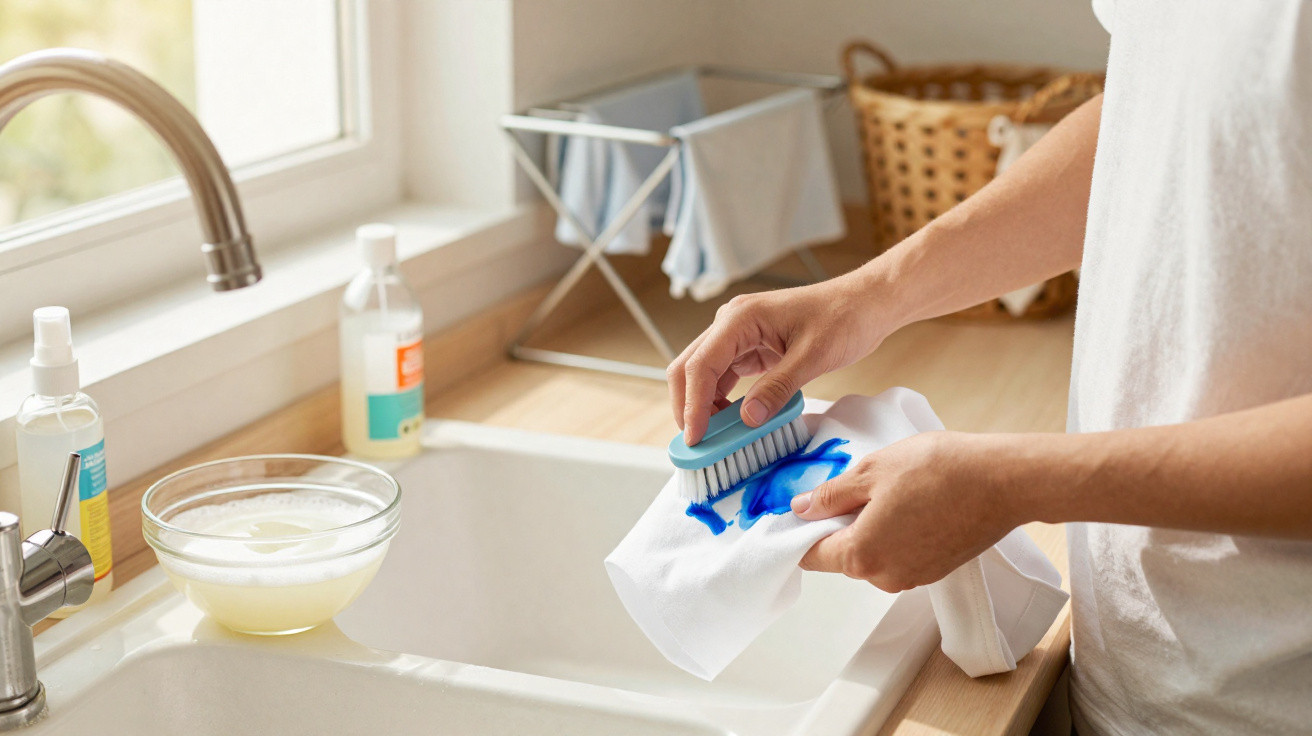 Person scrubbing blue paint stain from white fabric using a brush over a kitchen sink.