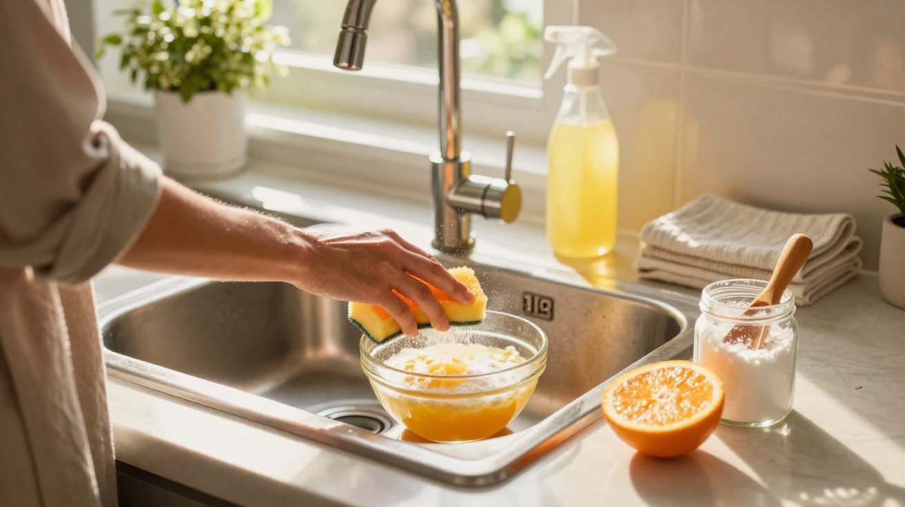 Person cleaning a glass bowl with a yellow sponge in a kitchen sink with orange and cleaning supplies nearby