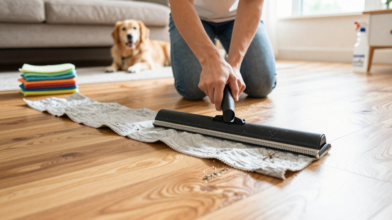 Person cleaning hardwood floor with a floor squeegee and cloth, dog lying in the background near sofa.