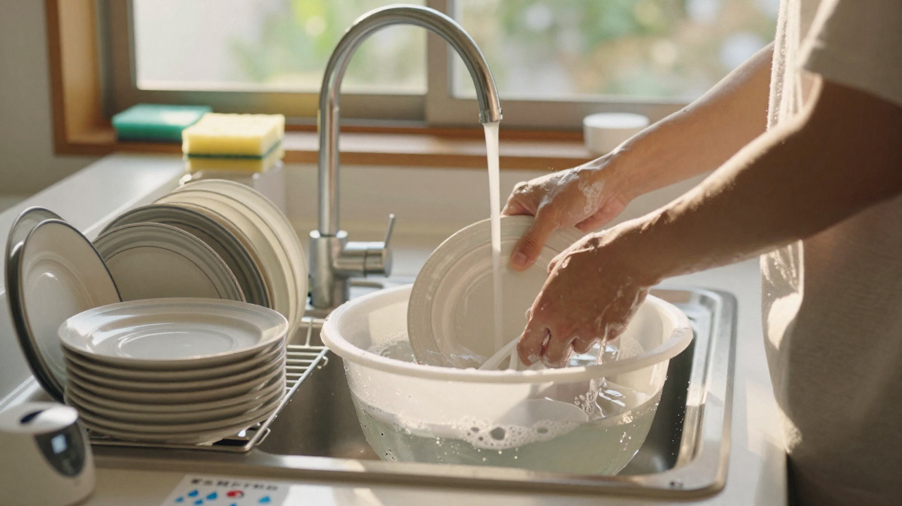 Person washing a white plate in a soapy basin under a running kitchen tap with clean plates drying nearby.