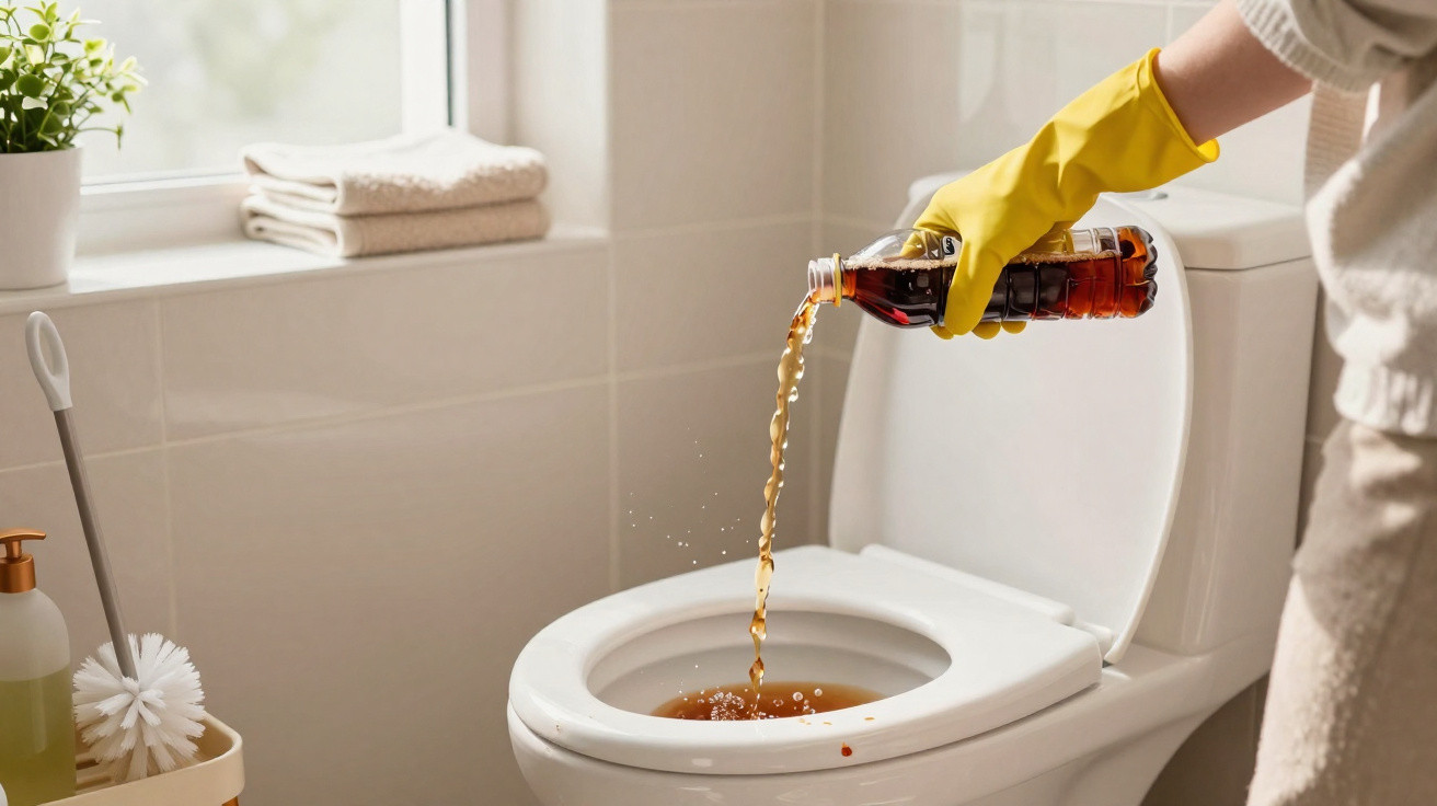 Person wearing yellow gloves pouring liquid cleaner into a white toilet bowl in a bathroom.