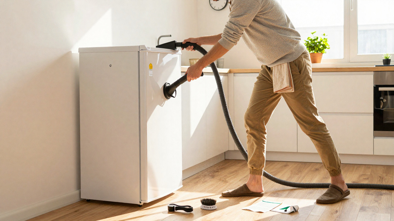 Person cleaning the inside of a white refrigerator using a vacuum cleaner in a bright kitchen.