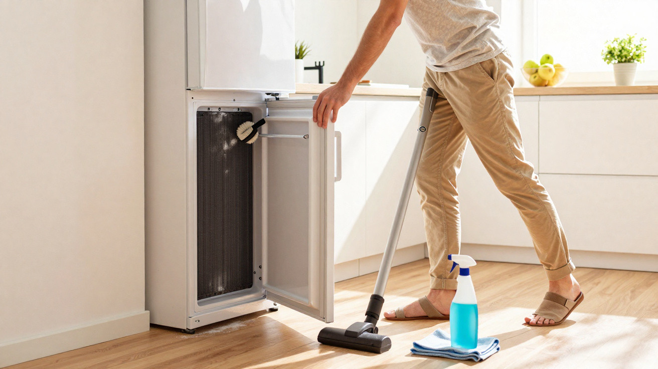 Person cleaning the inside of a refrigerator door in a bright kitchen with cleaning supplies on the floor.