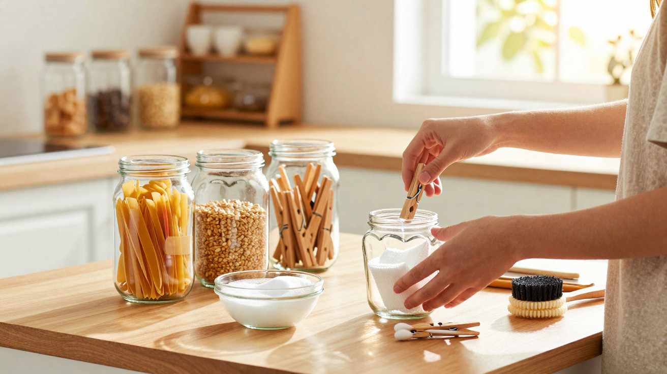 Person placing a clothespin in a glass jar filled with white powder on a kitchen counter with jars and cleaning brushes.