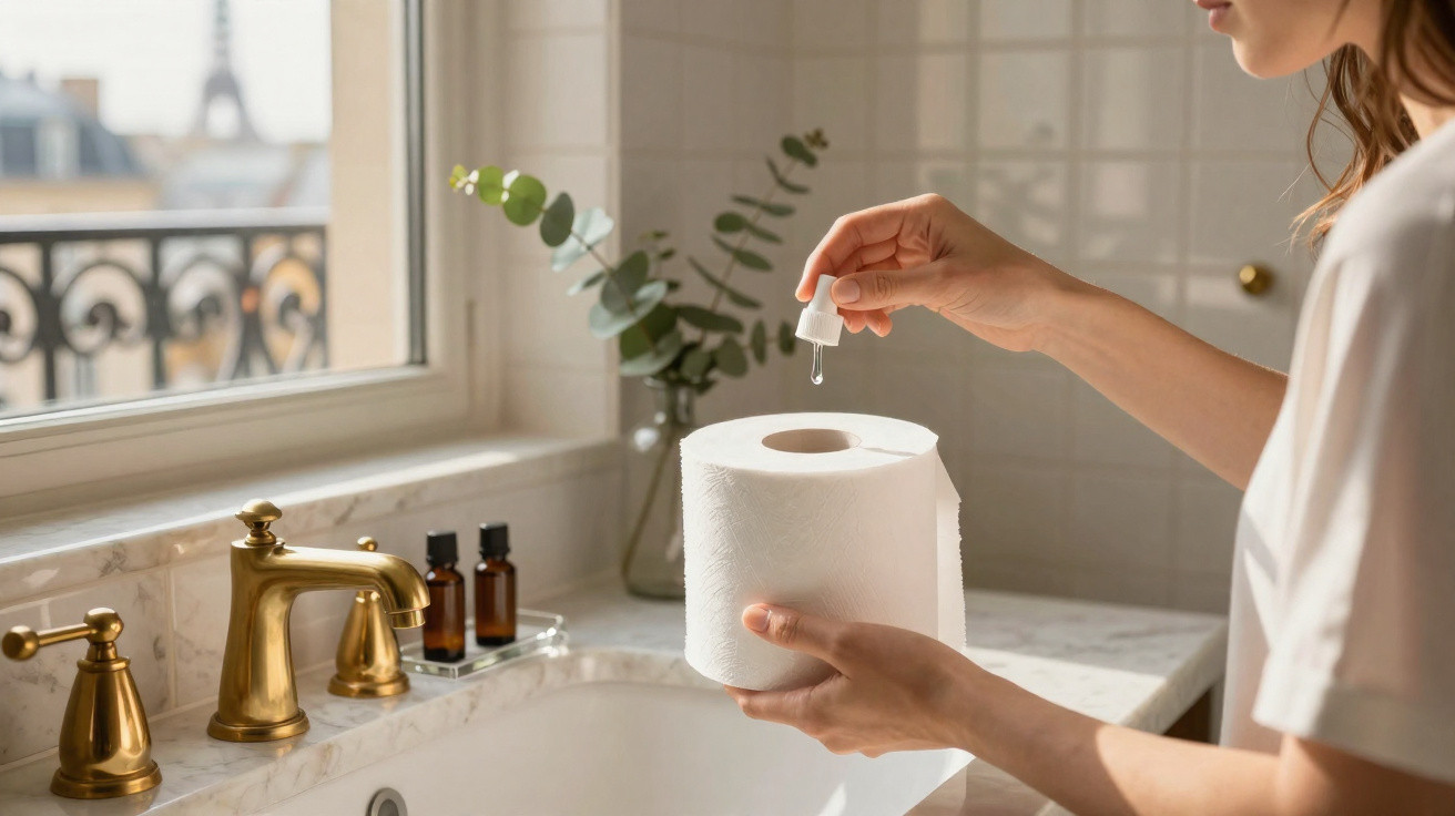 Person holding a toilet paper roll and applying a drop of liquid from a dropper near a bathroom sink.