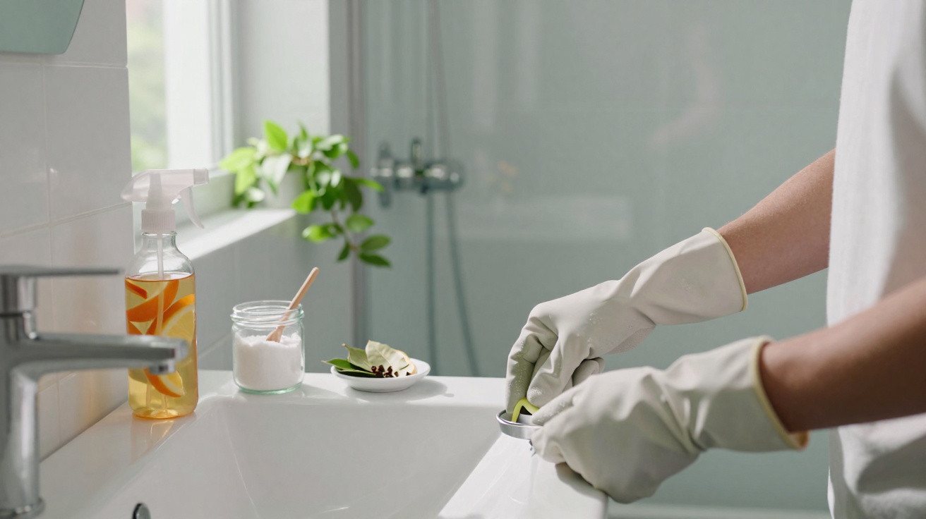 Person wearing white gloves placing lemon slices in a bathroom sink for cleaning purposes.