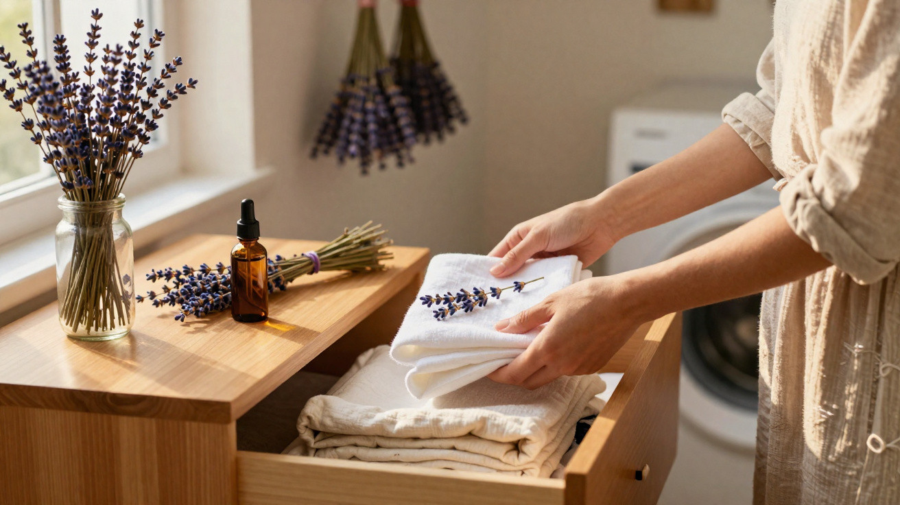 Person placing lavender sprigs on folded white towels in a wooden drawer near drying lavender bundles.