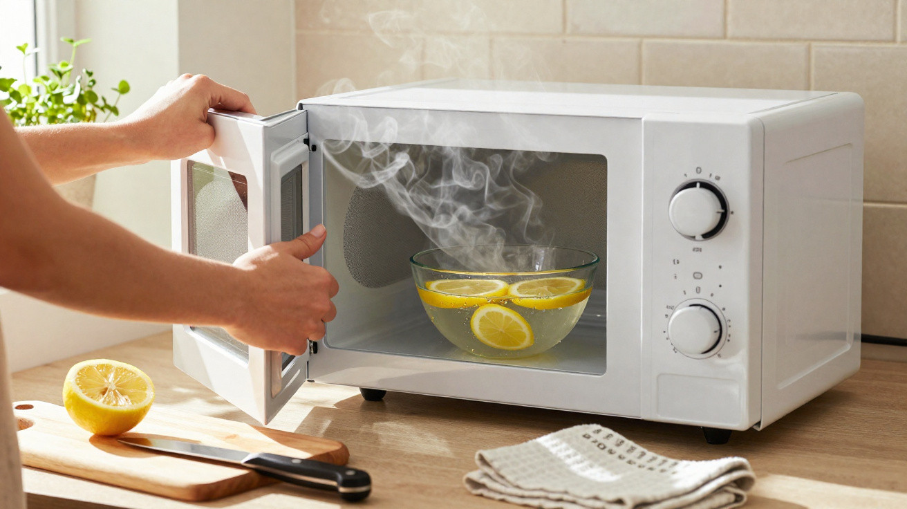 Person opening a microwave with a steaming bowl of water and lemon slices inside on a kitchen counter.