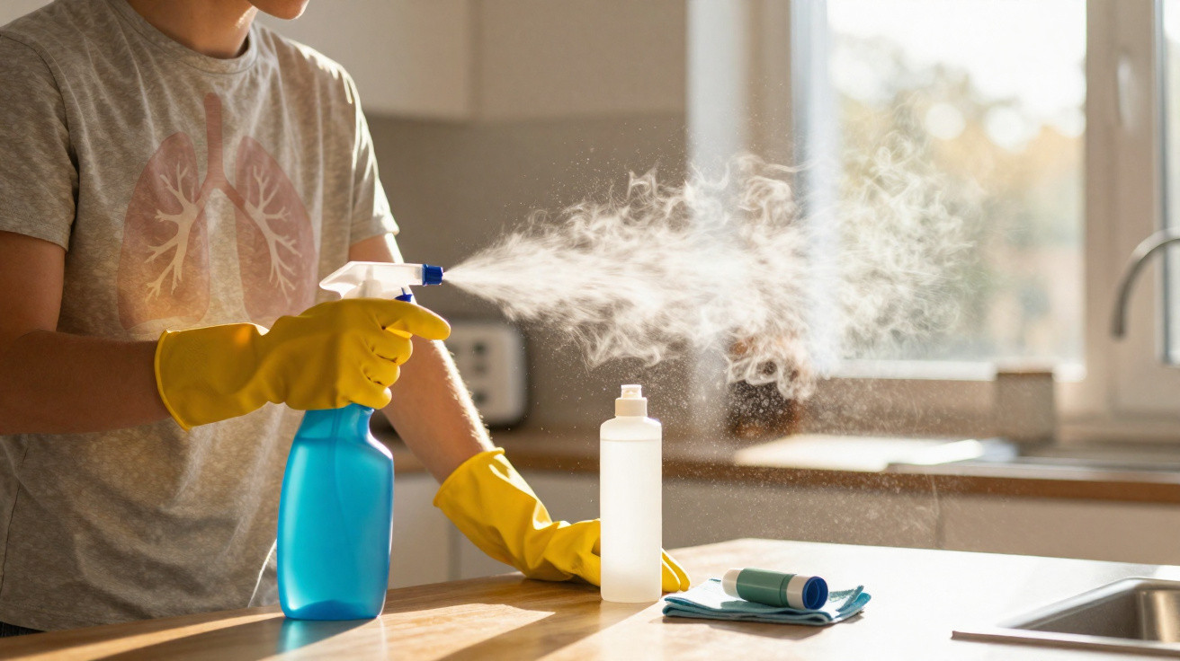 Person wearing yellow gloves spraying cleaner from a blue bottle onto a kitchen countertop in daylight.
