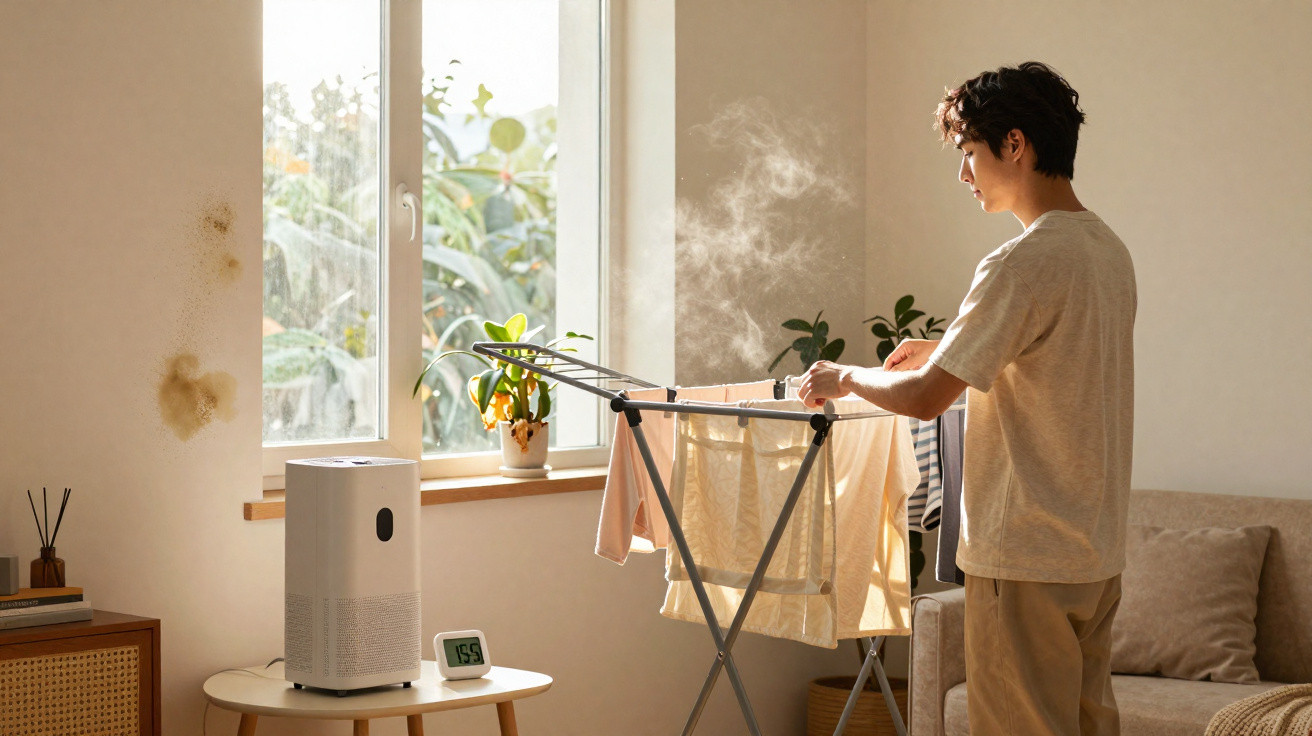 Man steaming clothes on a drying rack in a sunlit living room with plants and air purifier nearby.