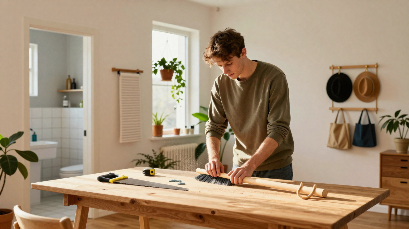 Young man assembling a wooden broom on a large wooden table in a bright, cosy room.