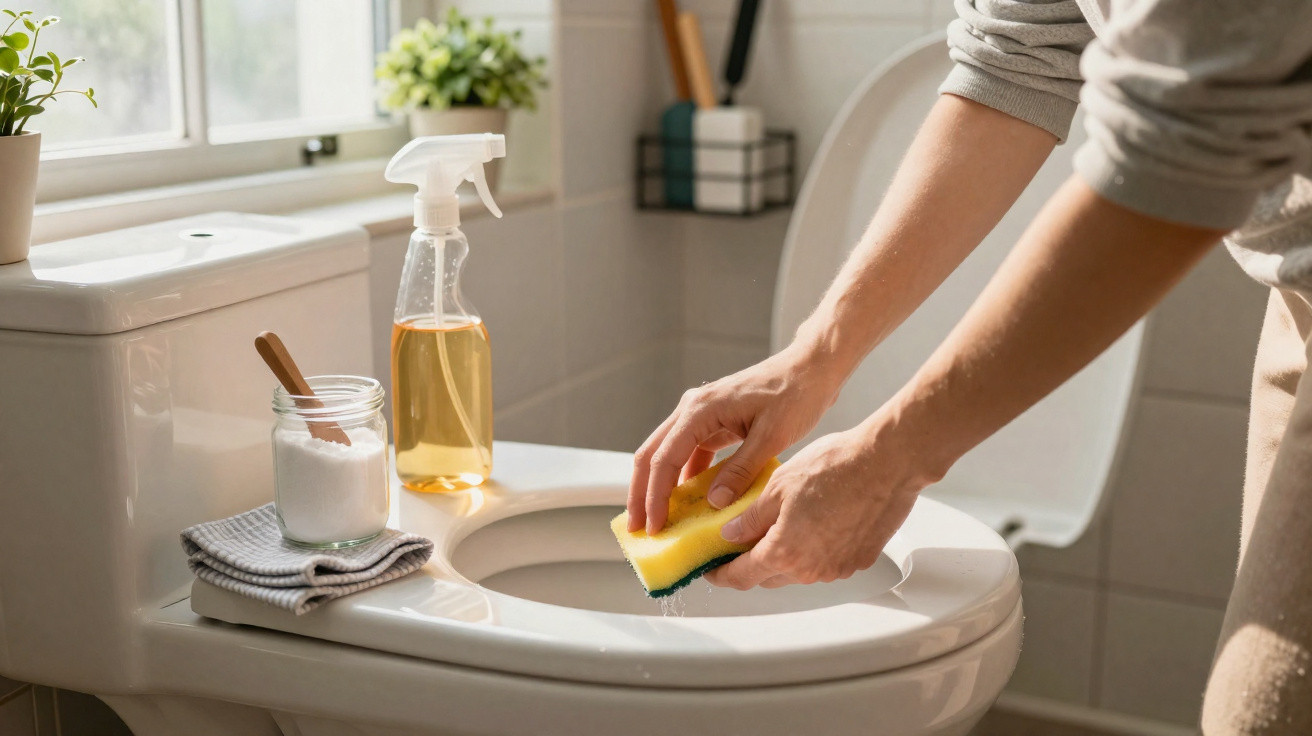 Person cleaning toilet bowl with a yellow sponge and natural cleaning supplies in a bright bathroom.