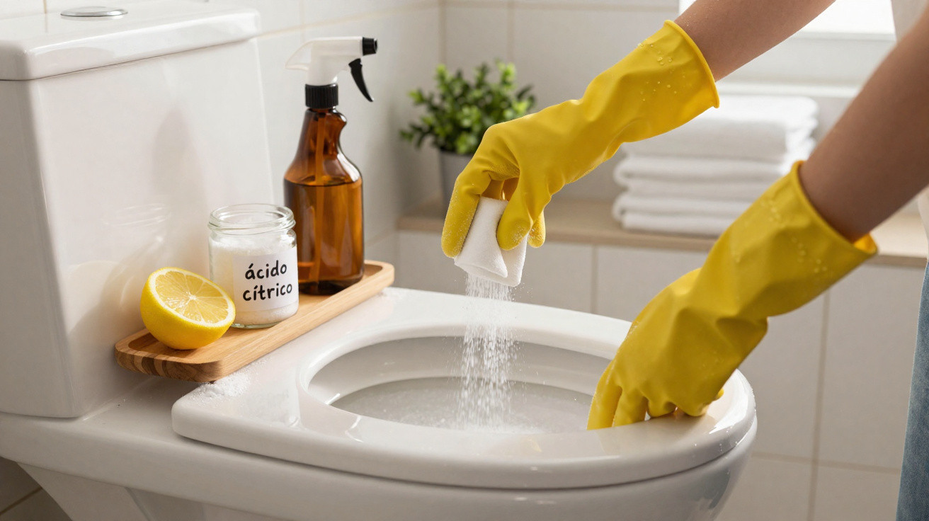 Person wearing yellow gloves sprinkling cleaning powder into a toilet bowl with lemon and cleaning supplies nearby.